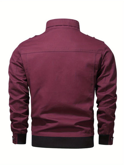 Men's Casual Bomber Jacket, Cotton Stand Collar Windbreaker Jacket With Pockets For Fall Winter