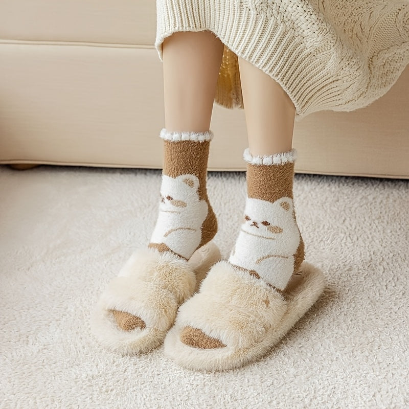 5 Pairs Women'S Cozy Fleece-Lined Mid-Calf Socks with Adorable Cartoon Bear Design - Thick, Warm, Breathable, and Soft for Home Comfort, Perfect for Fall and Winter, Cozy Home Wear | Playful Sock Design | Soft Fleece Lining,