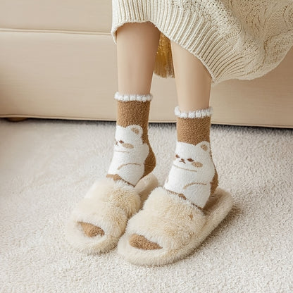 5 Pairs Women'S Cozy Fleece-Lined Mid-Calf Socks with Adorable Cartoon Bear Design - Thick, Warm, Breathable, and Soft for Home Comfort, Perfect for Fall and Winter, Cozy Home Wear | Playful Sock Design | Soft Fleece Lining,