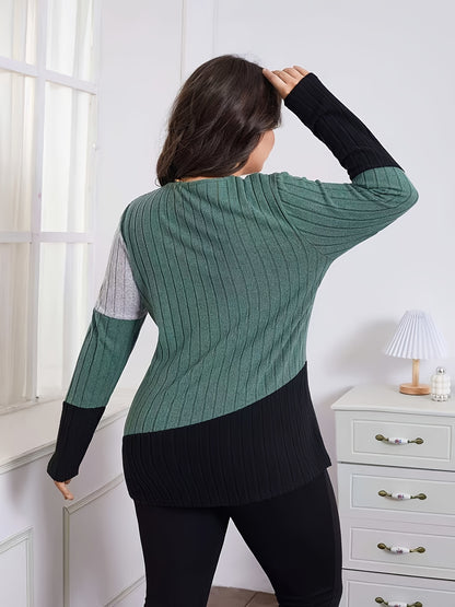 Elegant Color Block V-Neck սվիտեր կանանց համար - Ձգվող պոլիեսթեր, մեքենայով լվացվող, կատարյալ գարնան և աշնան համար