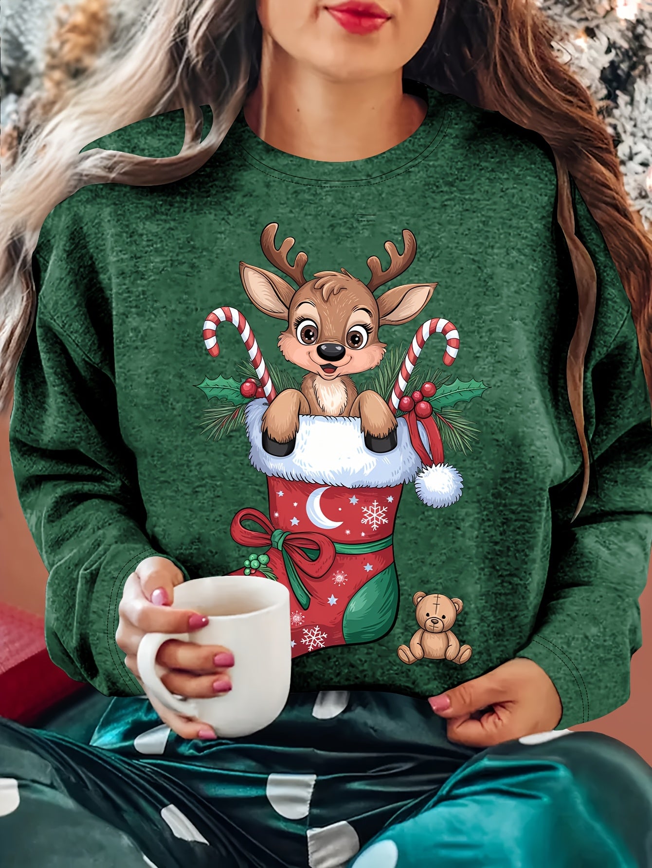 Women'S Christmas Sweater - Soft Pink Holiday Party Top with Deer in Santa Hat & Candy Cane Graphic, Cozy Long Sleeve Shirt for Christmas, New Year'S Eve, Everyday Winter Outfits - Sizes S-XXL (Extended Sizes Available) - Non