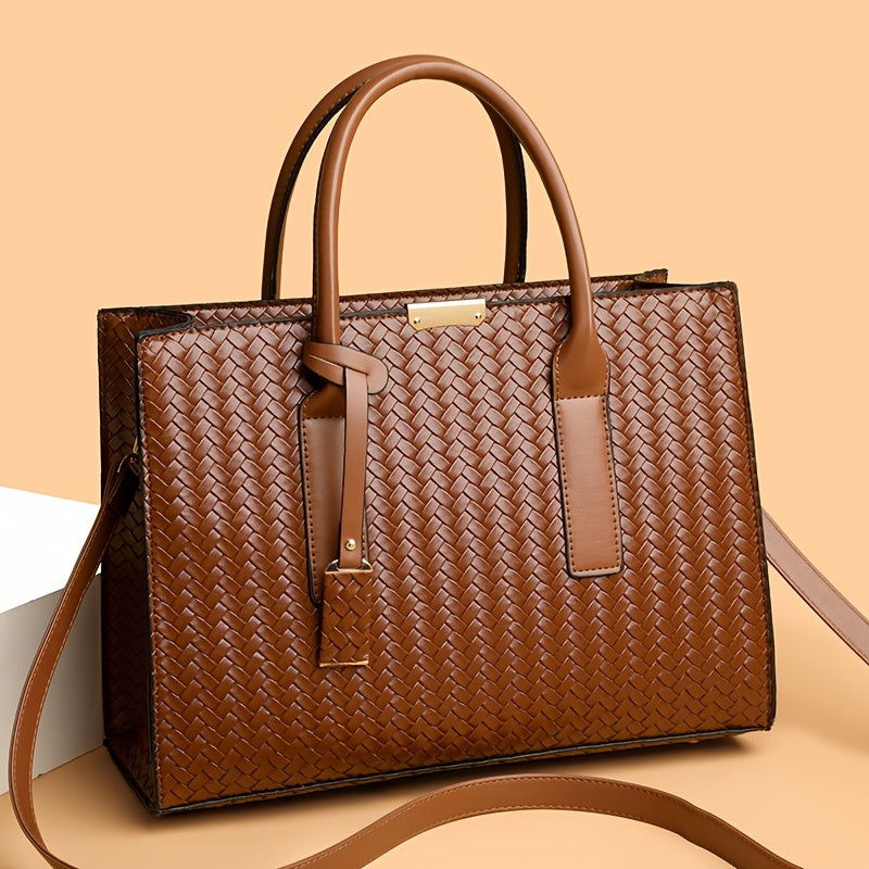 Large Woven Ladies Handbag with Removable Strap and Metal Buckle