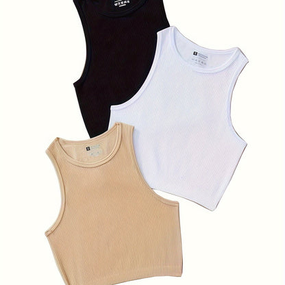 3pcs Solid Color Ribbed Sports Tank Top, Solid Color Sleeveless Running Fitness Slim Fit Vest T-shirt, Women's Activewear