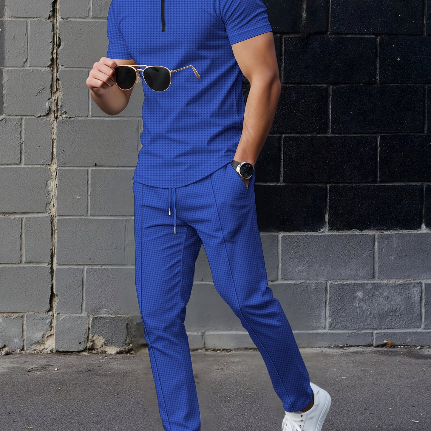 Men's Waffle Knit Zipper Shirt, Rib Collar Short Sleeve T-Shirt, Casual Breathable Summer Top - ayq