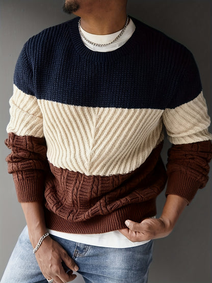 Տղամարդկանց աշնանային և ձմեռային նորաձև հագուստ, նորաձև առօրյա գունային բլոկներով տրիկոտաժե սվիտեր՝ բազմաֆունկցիոնալ կլոր վզով, երկար թևքերով դիզայնով