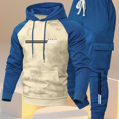 A New Trendy Color-Blocked Hoodie with Raglan Sleeves And Loose-Fitting Cargo Pants Featuring Multiple Pockets, Perfect for Casual Everyday Wear. This Breathable Hoodie And Loose Long Pants Set Comes in a Two-Piece Print Desi