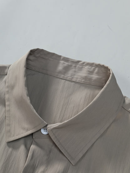 Men's Summer 2pcs Set: Casual Fashion Beige Short Sleeve Collared Shirt & Drawstring Shorts - Lightweight Blend, Ideal for Beach Vacations