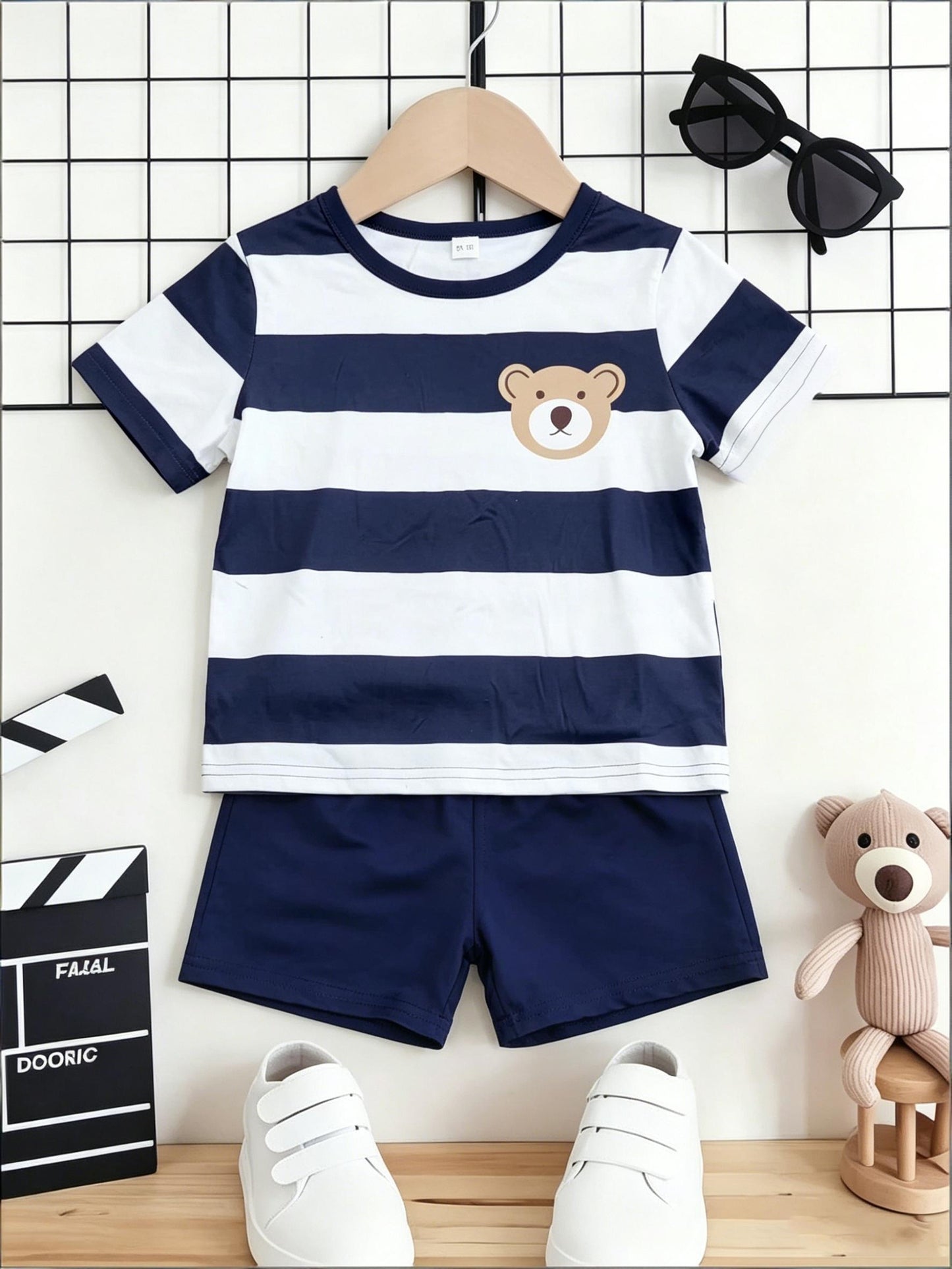 Boys Summer Casual Blue White Stripe Short Sleeve T-Shirt & Shorts Set