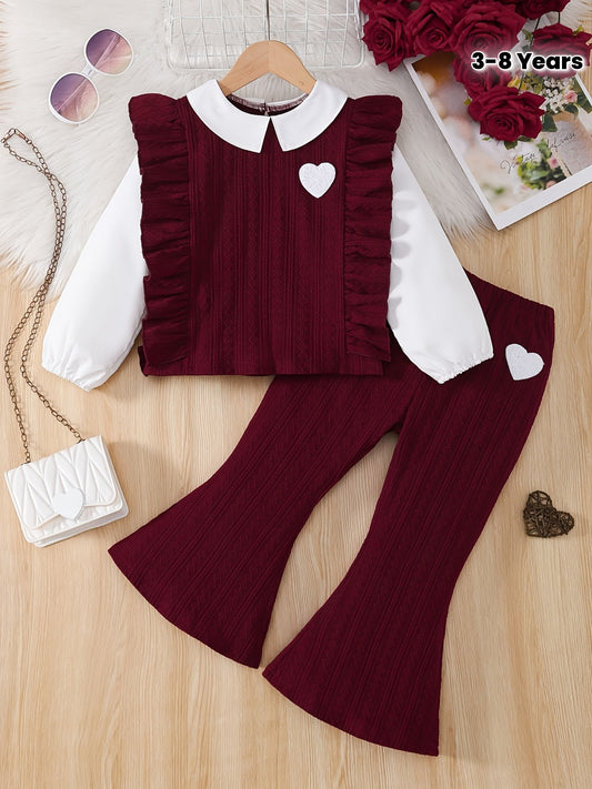 2pcs Girls' Doll Collar Long Sleeve Geometric Knit Top + Solid Color Retro Elegant Flared Pants Autumn/Winter New Set, Perfect for Outdoor