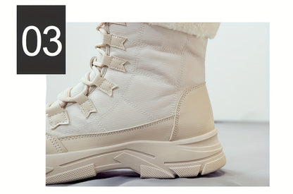 Women'S Winter Boots - Thick Platform Sole for Height & Traction, Lace-Up Mid-Calf Boots with PU Synthetic Cover Upper, Non-Slip PVC Outsole - Beige/White Cold Weather Shoes for Everyday, Formal, Party - Easy-Clean & Durable
