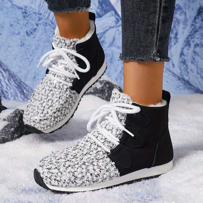 Կանացի հարմարավետ, բրդյա ծածկույթով ձմեռային կոշիկներ - և փայլուն ձմեռային կոշիկներ հաստ ռետինե ներբանով, կապերով, ցուրտ եղանակին հարմարավետության համար, ամենօրյա ոճ, ձմեռային կոշիկներ