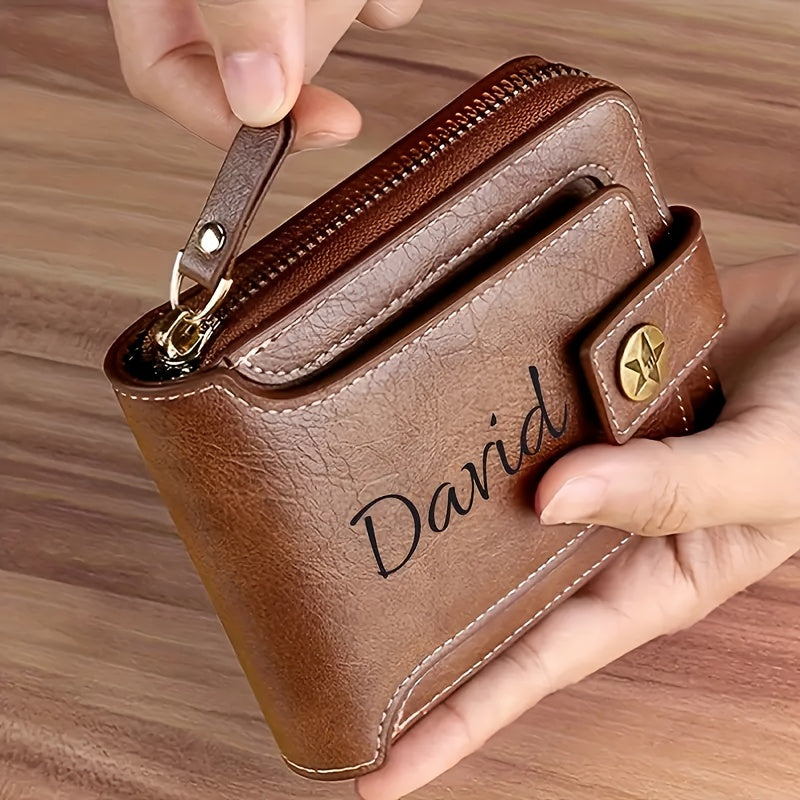 Personalized Retro Men's Zipper Wallet with Golden-Tone Chain & Custom Initials - Faux Leather Business Wallet with Multiple Compartments, Coin Pocket & Secure Closure - Ideal Gift for Men (Black/Brown) - Hand Washable & Dura