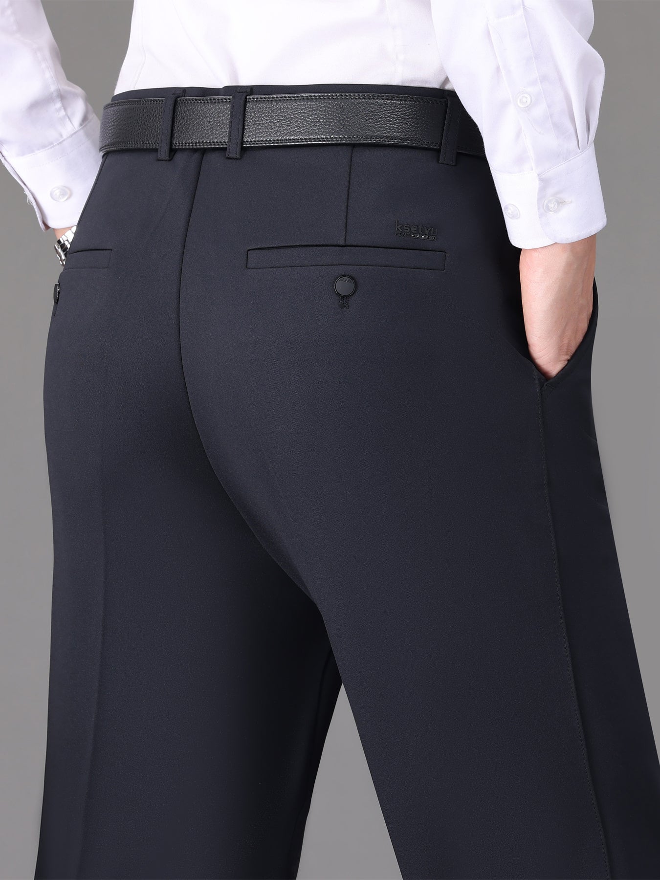 [Lightweight Design] Men's High-Waist Stretch Dress Pants - Wrinkle-Resistant, Dark Blue Business Casual with Pockets, Straight Leg Fit for Spring/Fall