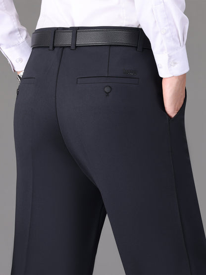 [Lightweight Design] Men's High-Waist Stretch Dress Pants - Wrinkle-Resistant, Dark Blue Business Casual with Pockets, Straight Leg Fit for Spring/Fall