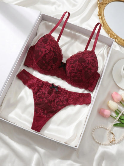 Elegant French Lace Push-Up Bra and Brief Set for Women