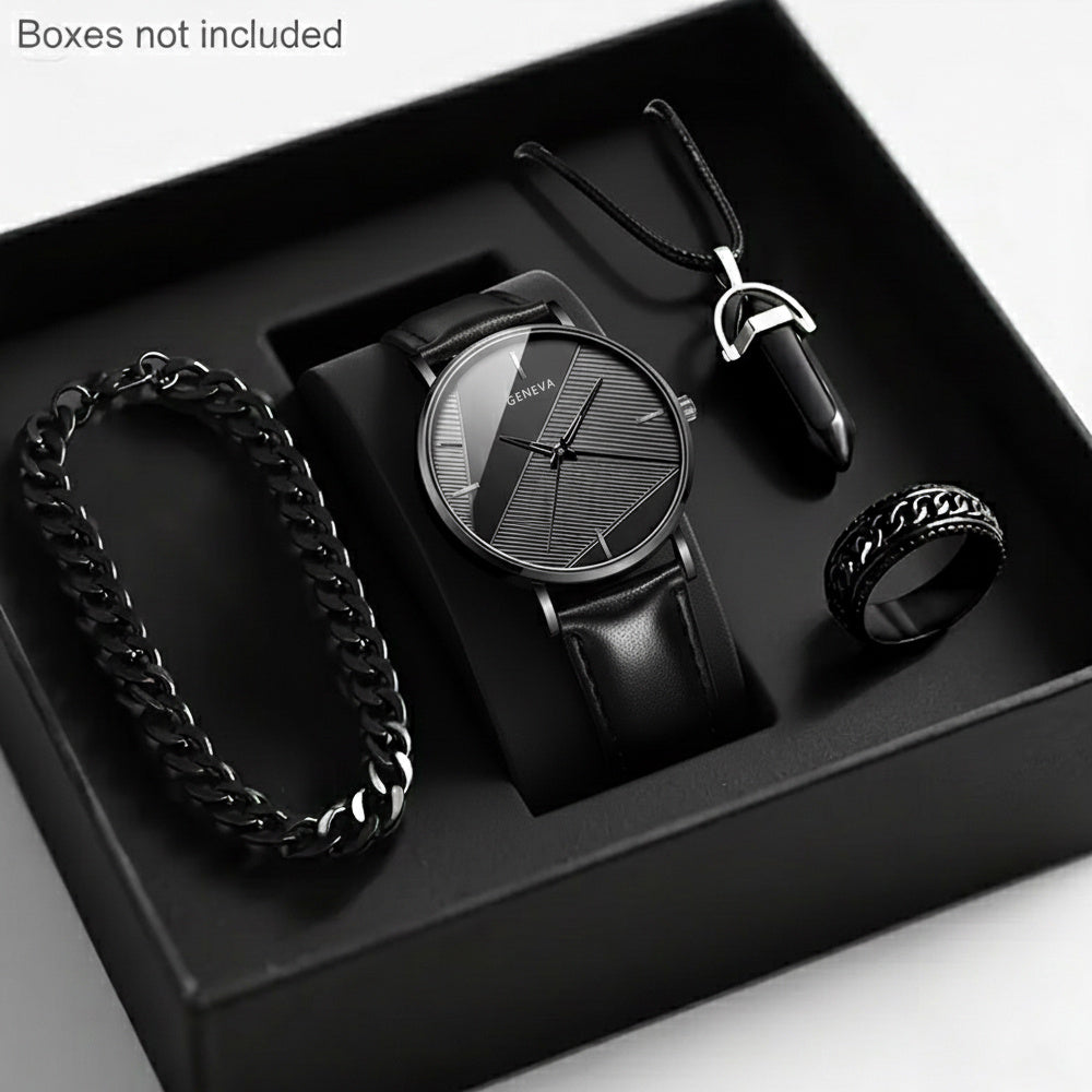 Men'S Luxury Quartz Wristwatch and Jewelry Set | Black Analog Watch with Dual Display, Includes Matching Bracelet, Necklace, and Ring - Ideal for Birthdays, Christmas, Ramadan