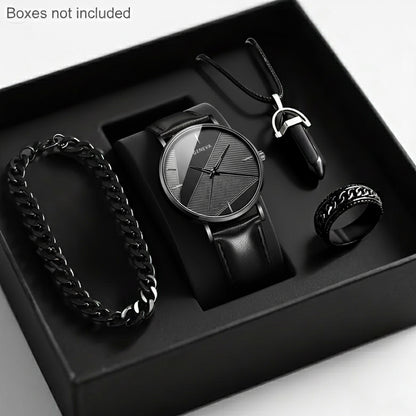 Men'S Luxury Quartz Wristwatch and Jewelry Set | Black Analog Watch with Dual Display, Includes Matching Bracelet, Necklace, and Ring - Ideal for Birthdays, Christmas, Ramadan