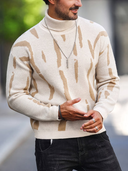 Men's Zebra Stripe Knit Sweater - High Neck Winter Pullover with Zebra Stripes, Warm Casual Sweaters for Weather, Hand Washable Fall/Winter Wardrobe Essential (Regular Fit)