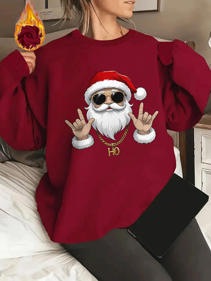 Women's Elegant Christmas Santa Claus Graphic Print Fleece-Lined Sweatshirt - Long Sleeve Round Neck Pullover with Golden Accents, Machine Washable Holiday Party Casual Top, Christmas Sweatshirt, Festive Clothing, Hiphop Styl