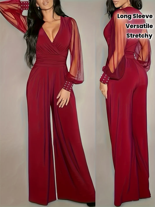 Women'S Elegant V-Neck Long Sleeve Jumpsuit - Solid Color, Stretchy Comfortable Fabric, Waist-Cinching Design, All-Season Versatile Outfit, Perfect for Daily Wear, Commuting, Parties, and Formal Events, Party Attire | Vneck J