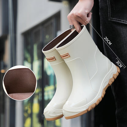 Unisex Mid-Calf Rubber Rain Boots with Drawstring Closure