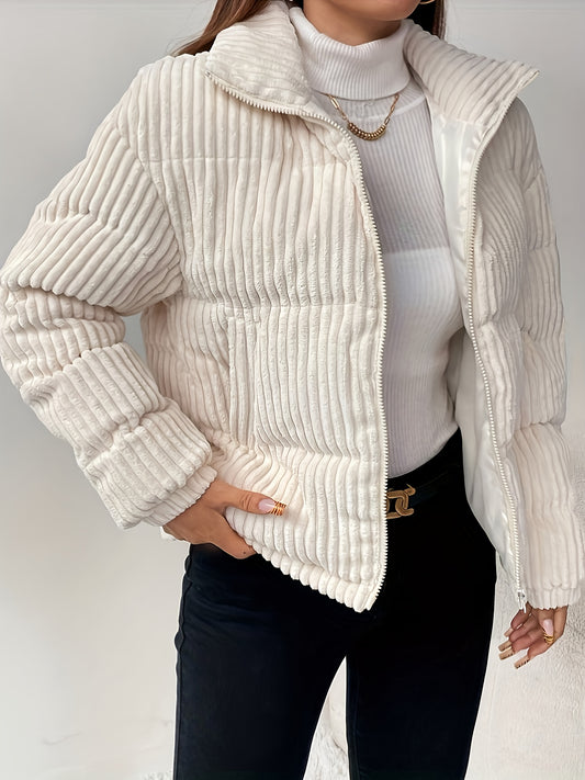 Կանացի սպիտակ փքված բաճկոն՝ կայծակաճարմանդով և թավշանման վերնամասով - Բեժ ձմեռային վերարկու, լվացքի մեքենայով լվացվող ցուրտ եղանակի վերնազգեստ, էլեգանտ կարճ կտրվածք (առանց գոտու)՝ առօրյա կամ պաշտոնական օգտագործման համար, կանացի բաճկոններ, ձմեռային հագուստ