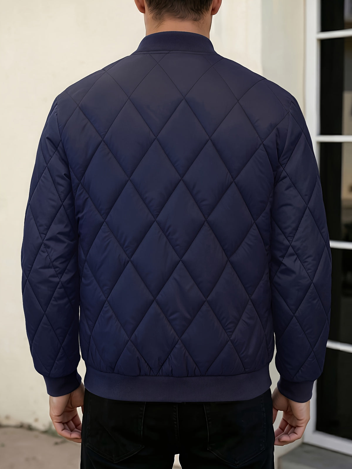 Men's Black Quilted Casual Jacket with Stylish Letter Print