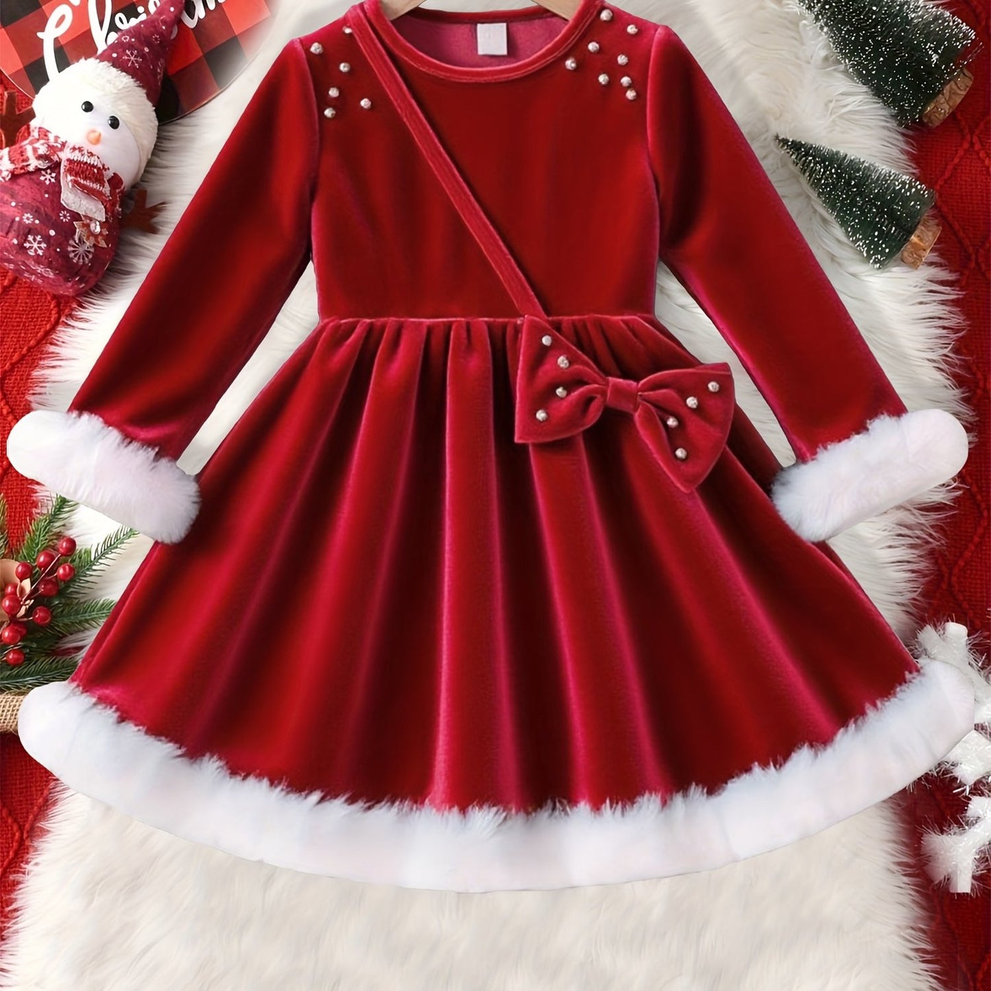 High-End Romantic Gorgeous Elegant Red Round Neck Pearl Straight-Leg Long Sleeve Cuff Skirt with 3D Bow Spring Autumn New Dress Suitable for Daily Wear, Parties, Holidays, Christmas Vacation Banquet, Campus Performance Outing