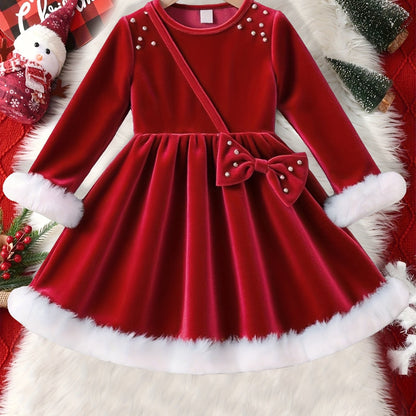 High-End Romantic Gorgeous Elegant Red Round Neck Pearl Straight-Leg Long Sleeve Cuff Skirt with 3D Bow Spring Autumn New Dress Suitable for Daily Wear, Parties, Holidays, Christmas Vacation Banquet, Campus Performance Outing