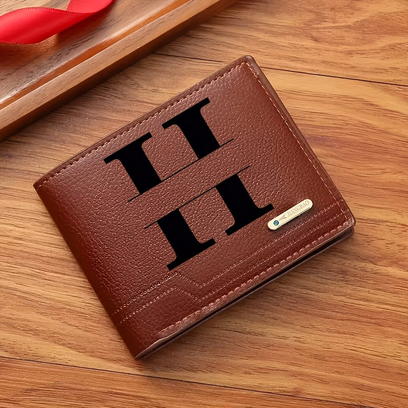 1pc Men's Business Style Faux Leather Wallet, Customizable Text and Initials, Solid Color Faux Leather with Contrast Accents, Compact Short Bifold Design for Easy Carrying - Perfect Birthday Gift for Boyfriend and Father, Per
