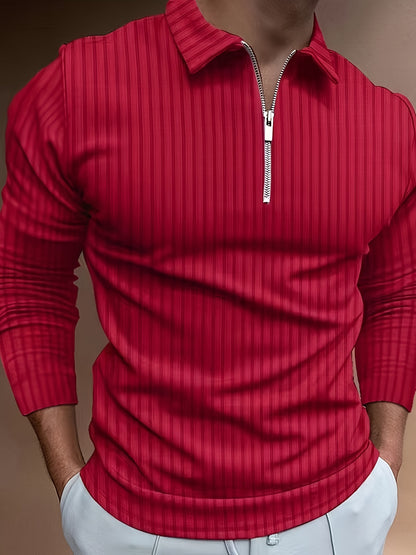 Men's Casual Sports Ribbed Long Sleeve Zipper Lapel Golf Shirt, Spring And Fall