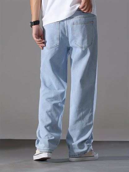 Men's Solid Denim Pants With Pockets, Causal Cotton Blend Jeans For Outdoor Activities
