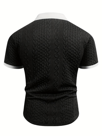 Summer Breathable Italian-style Color-blocked Light-mature Trendy Men's Shirt with V-neck, Slight Stretch, Jacquard Texture, Slim-fit Short Sleeves, Knitted - ayq