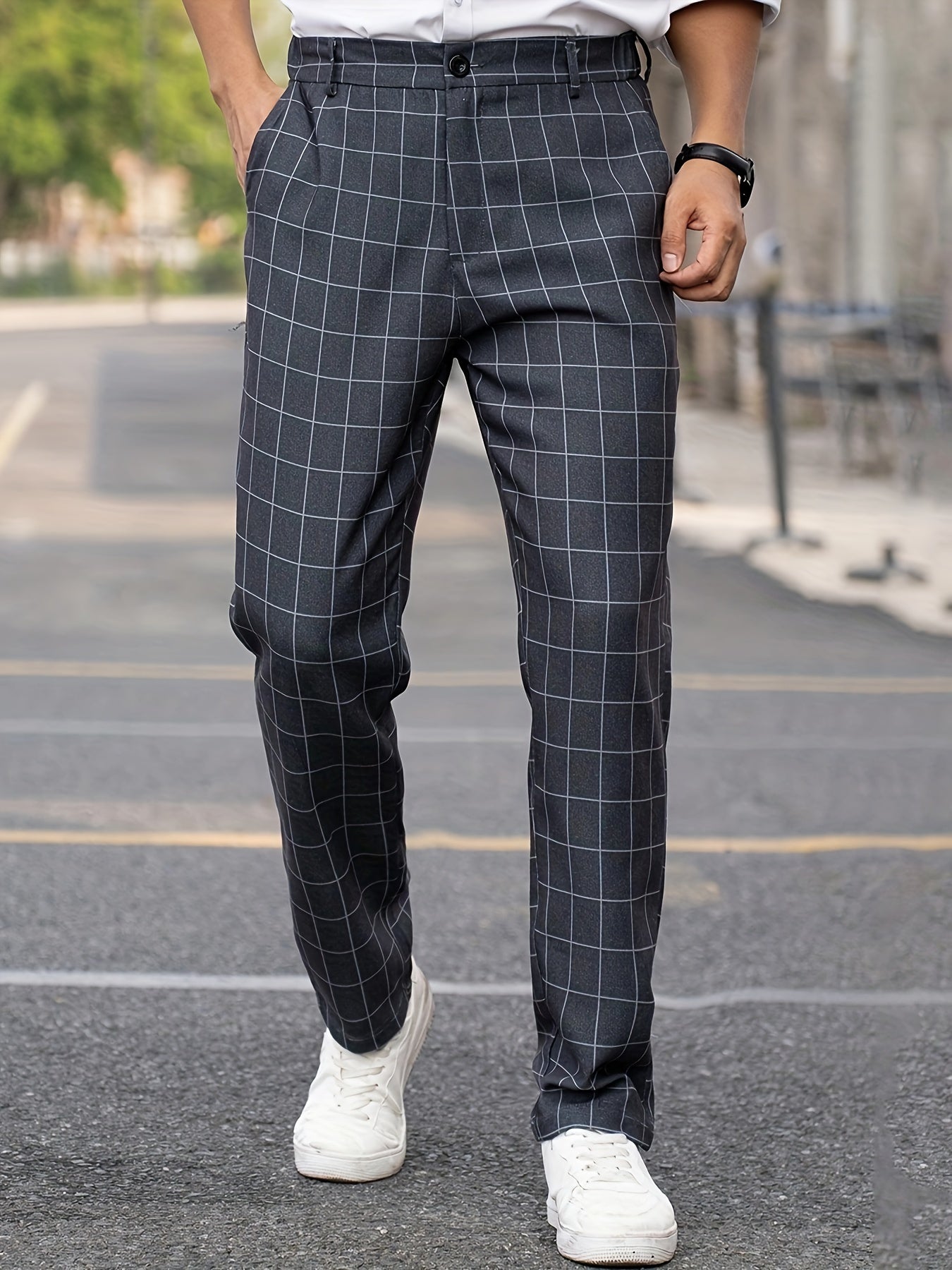 Men's Suit Pants With Plaid Design, Regular Fit And Cuffed Casual Bottoms For Business And Formal Occasions, Suitable For All Seasons