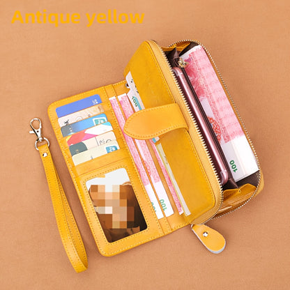 Two-Layer Cowhide Leather Clutch Wallet for Men & Women, Casual Large Capacity RFID Blocking Zippered Hand Purse with Transparent ID Slot and Anti-Theft Brush, Versatile for Going Out