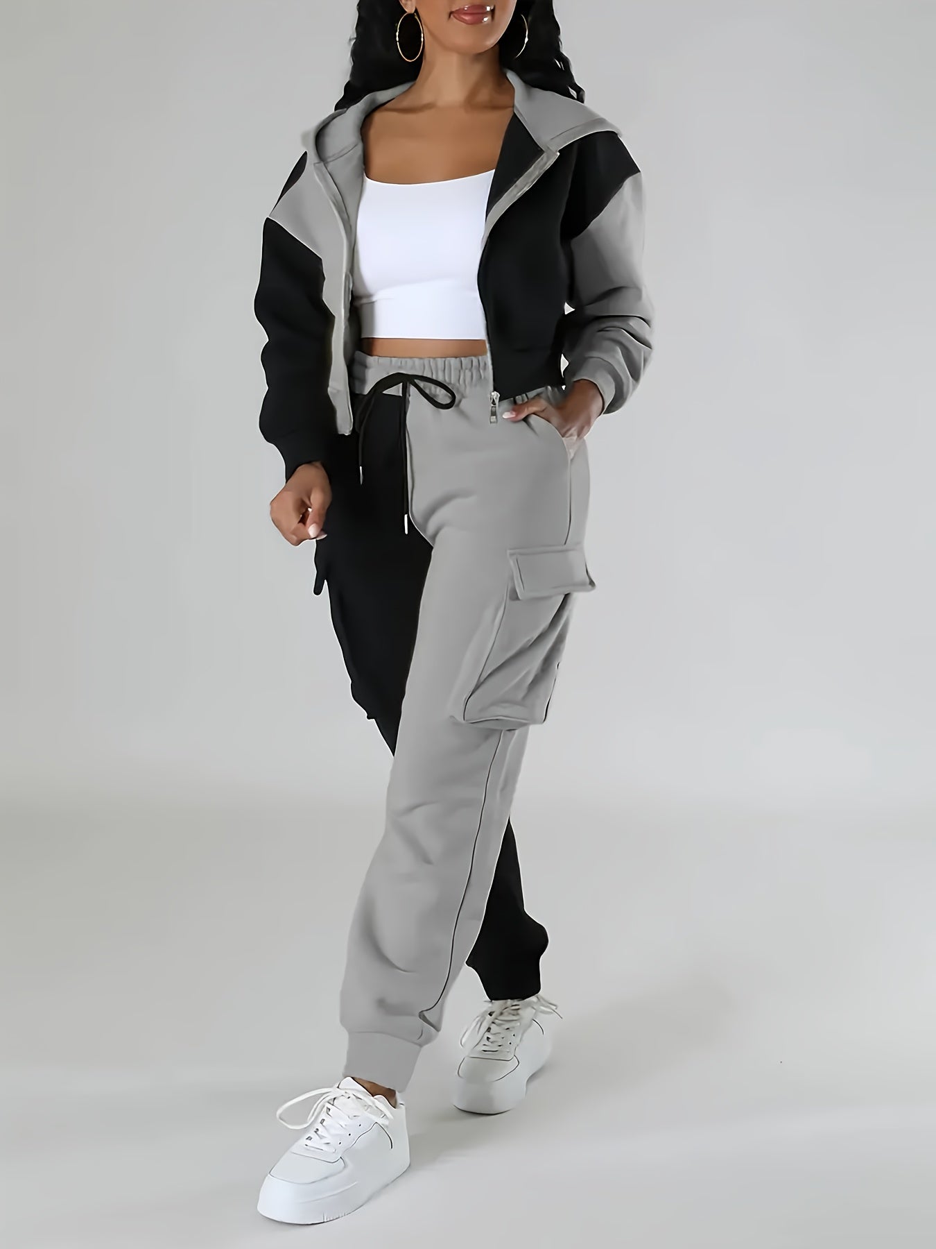 Women's Color-Block Hooded Casual Set for Fall Winter