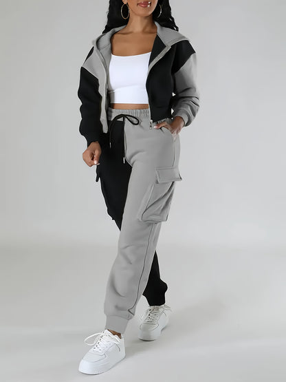 Women's Color-Block Hooded Casual Set for Fall Winter