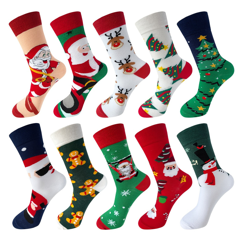 6 Pairs of Autumn-Winter Christmas Socks with Cute Cartoon Snowman and Reindeer Design for Men & Women, Mid-Calf Length, Cozy Comfort, Winter Essentials, Playful Pattern, Fun Holiday Style, Warm Material, Durable Socks, Unise