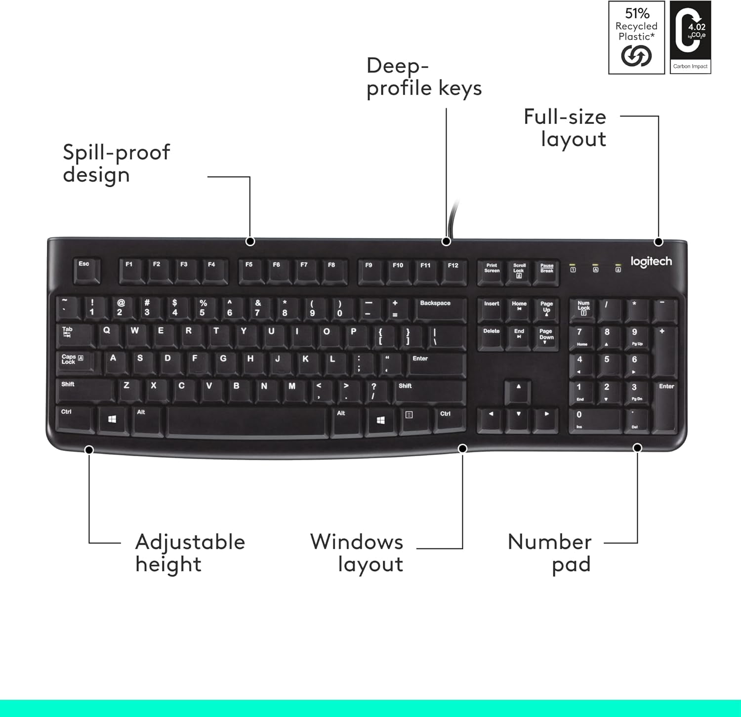 Logitech K120 Wired Keyboard for Windows, Plug and Play, Full-Size, Spill-Resistant, Curved Space Bar, Compatible with PC, Laptop - Black