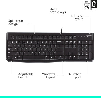 Logitech K120 Wired Keyboard for Windows, Plug and Play, Full-Size, Spill-Resistant, Curved Space Bar, Compatible with PC, Laptop - Black
