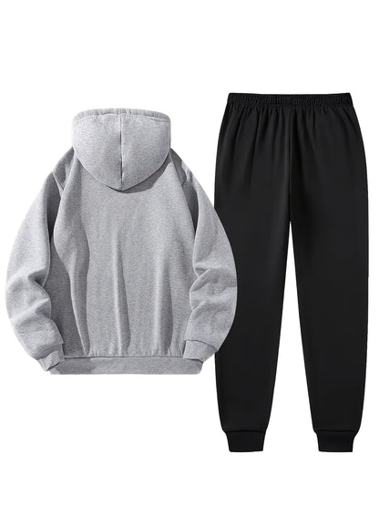 Men'S Boston Print Hoodie And Sweatpants Set - Casual Long Sleeve, Slight Stretch Fabric, Pockets, Suitable for Autumn And Winter, Sportswear, Casual Attire | Hoodie | Sport Pants with Pockets, Everyday Wear