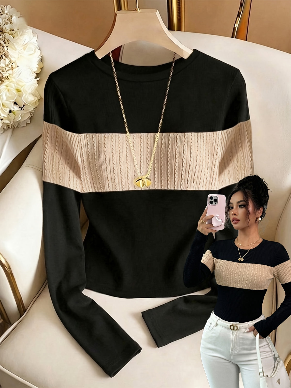 Women's Elegant Color-Block Crew Neck Long Sleeve Top
