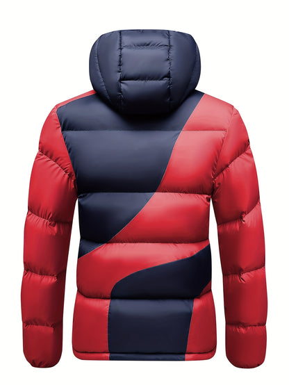 Men's Insulated Winter Jacket with Removable Hood & Thickened Lining - Dark Green/Black Color-Block Design, Zippered Pockets, Full-Zip Closure, Polyester Shell & Insulation for Casual Outdoor & Casual Attire - Cold Weather Co