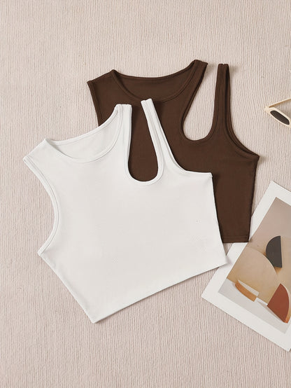 2 Packs Solid Crew Neck Tank Top, Elegant Sleeveless Asymmetrical Tank Top For Every Day, Women's Clothing