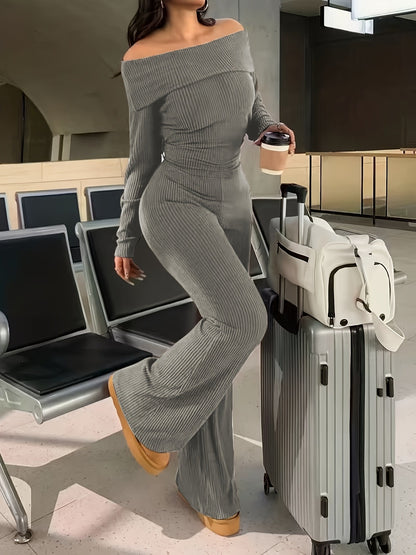 Autumn And Winter Solid Color Two-Piece Set, Sexy Off-The-Shoulder Top + Wide-Leg Flared Pants Suit, Elastic And Soft Ribbed Fabric, Machine Washable