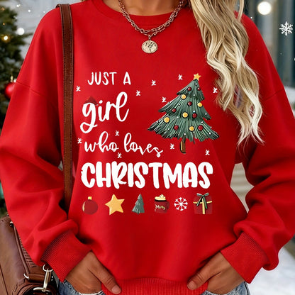Women's Red Christmas Sweater Sweater Vest-Like Long Sleeve Pullover - Thick Warm Winter Sweater with " a Who Loves Christmas" Slogan, Tree & Snowflake Print, Casual Holiday Party Outfit (Machine Washable) for Xmas Parties &