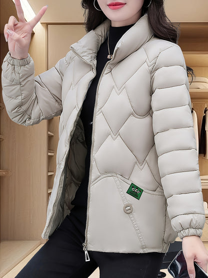 Women'S Embroidered Quilted Jacket, Casual Long Sleeve Polyester Coat, Non-Stretch H-Contoured Regular Fit, Pleated Hem, Thick Warm Winter Outerwear for Middle-Aged Moms