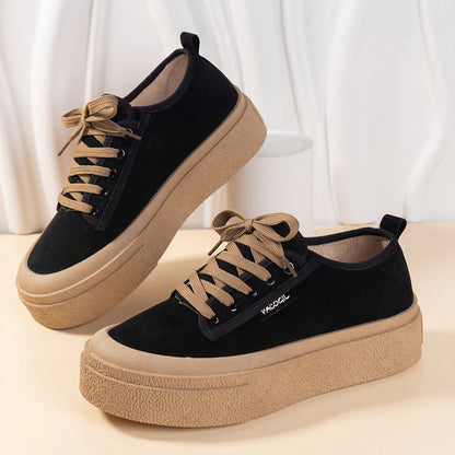 1 Pair Women's Fashion Sneakers - Solid Color Low Top Lace-Up Casual Shoes with Round Toe, Comfortable Fabric Upper & Inner, Durable PVC Sole, All-Season Sports Style