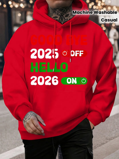 Men's 2025 New Year Print Hooded Sweatshirt - Kanji-Inspired "Goodbye 2025 2026" Pullover, Winter Warm Casual Sweater with Green/Red Toggle Switch Design, Machine Washable Red Hoodie for Christmas & NYE Parties