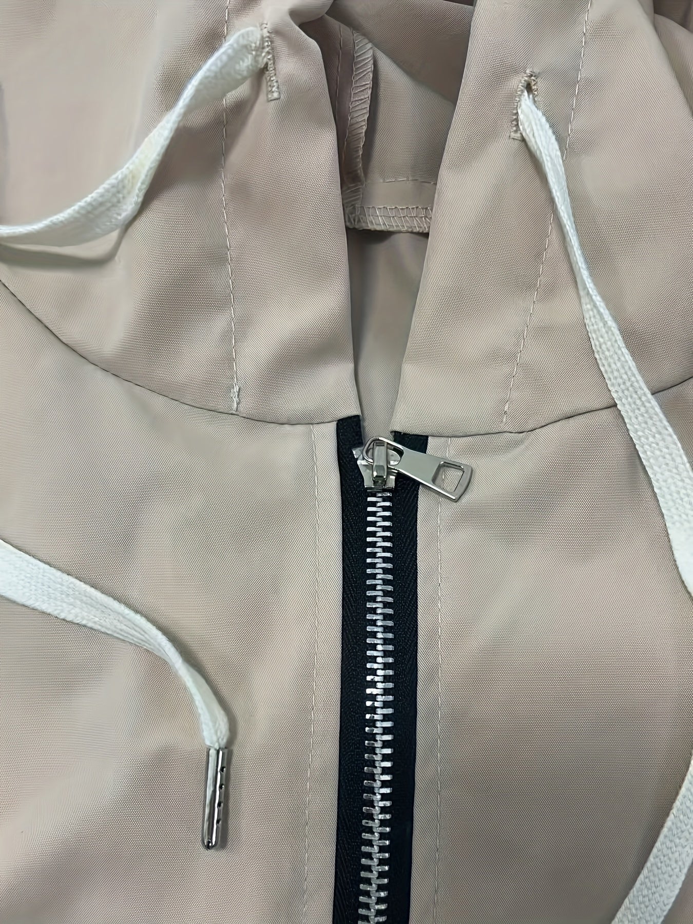 Women's Beige Full-Zip Hooded Jacket - Lightweight Full-Zip Outerwear, Full-Length Zipper Closure, Structured Fit Casual Coat for Fall/Spring, Everyday & Formal Events - Beige Trench Jacket, Zip Up Jacket Women, Jackets for W